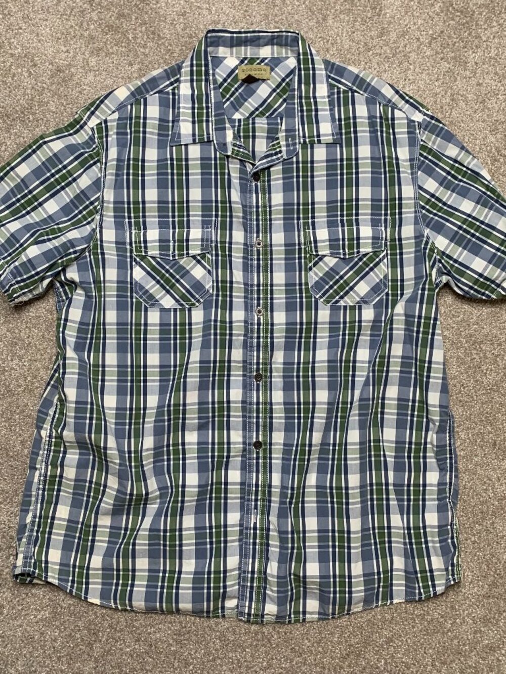 Sonoma Button Down Shirt Mens Extra Large Blue Green White Plaid Short Sleeve